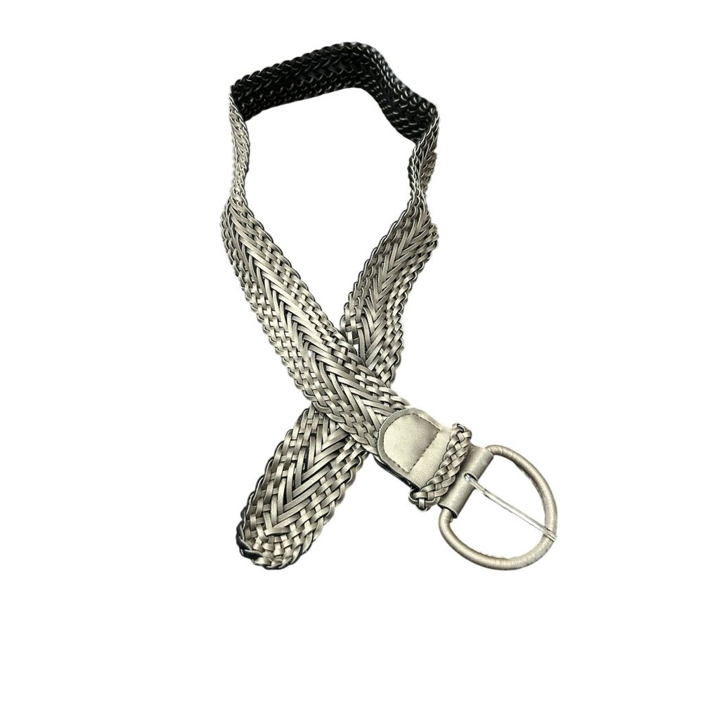 Braided Silverv Woven Belt With Round Metal Buckle Size 10 Minimal Y2K